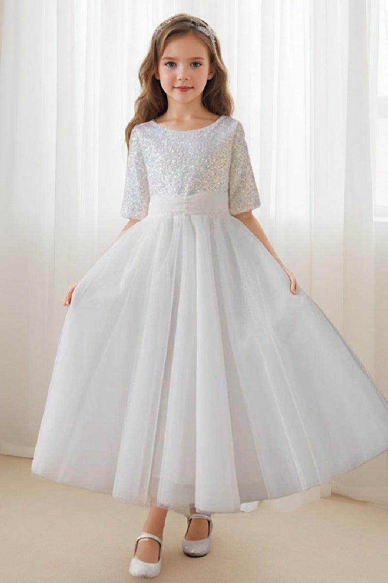 A-line/Princess Scoop Neck Tea-Length Tulle Sequined Flower Girl Dress 822092827358 - COCOMELODY
